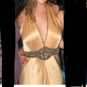 NICOLE MILLER SIGNATURE gown long beaded gold evening halter open back size 2  0